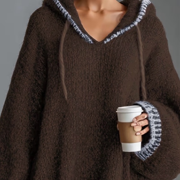 Brown Oversized Sweater Hoodie Cozy Knit Pullover Size L - Picture 4 of 7